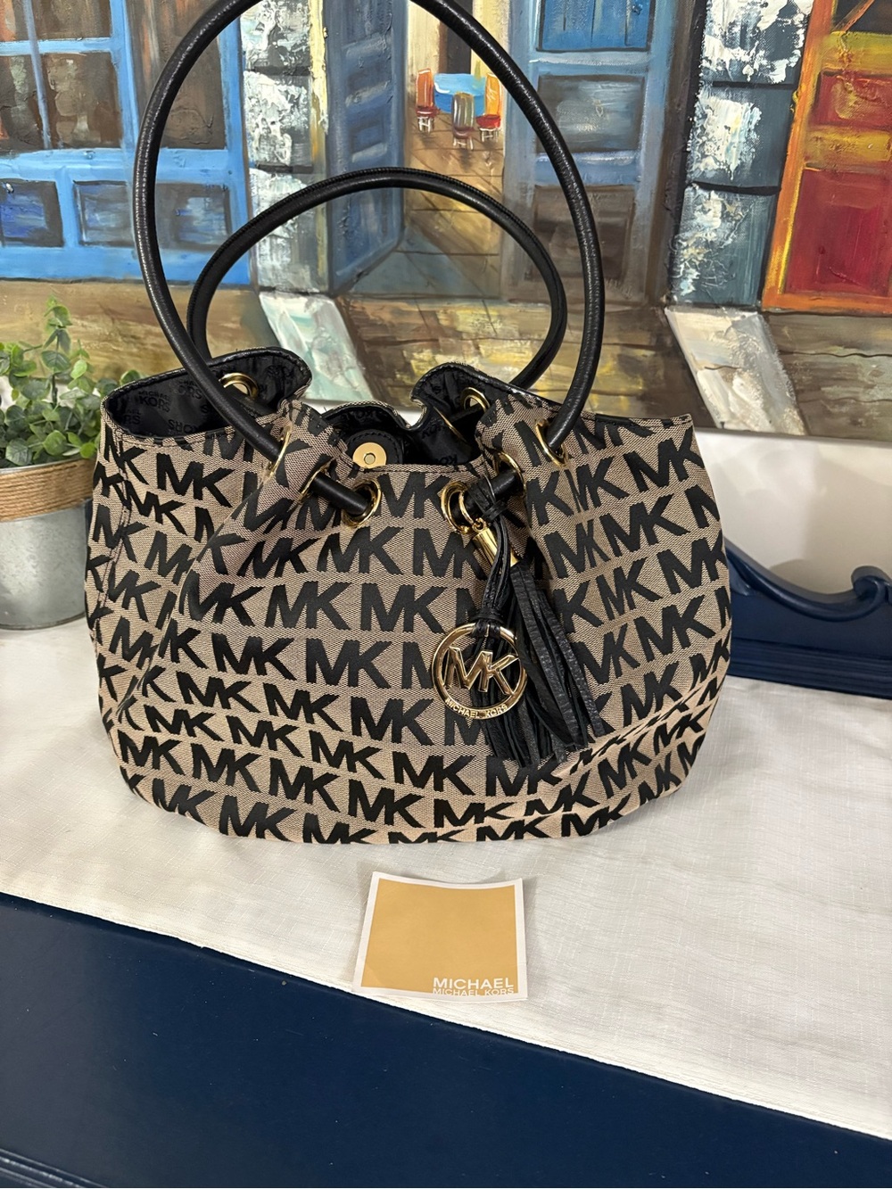 MICHAEL KORS East/West Black Signature Canvas Ring Tote Handbag EUC